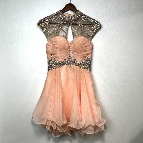 Vintage Jovani Y2K 90s Mini Prom Dress Sweetheart Pink Beaded Bodice Ruffle 00 - Picture 1 of 12